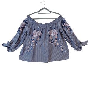 American Eagle Off The Shoulder Top Womens XL Blue Pin Stripe Floral Embroidered